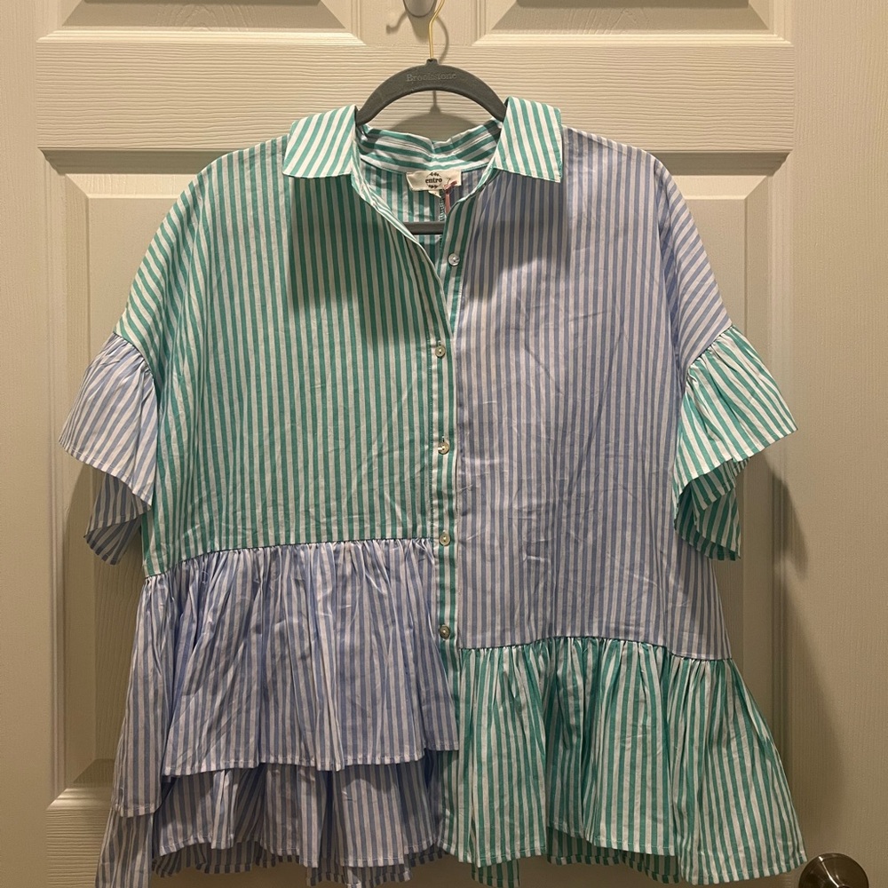 Striped, Button-Down Peplum Top
